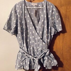 Loft Plus Stripe Dotted Wrap Blouse 24 NWT